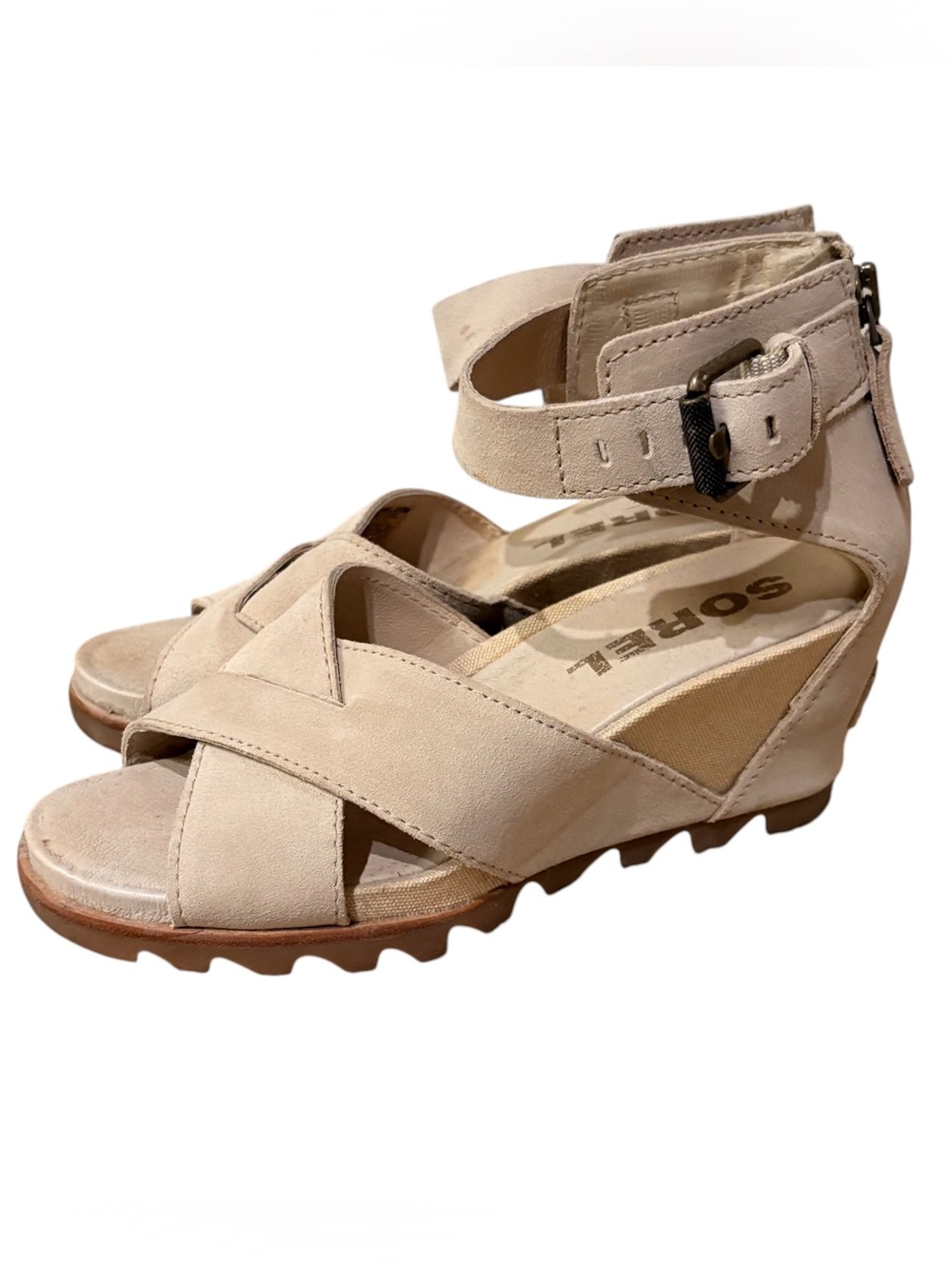 Sorel Sandal Women Size 7 Joanie II Beige Oatmeal Leather Ankle Strap Wedge Heel